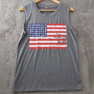 Men’s Gray American Flag Muscle Tank Top Size S Patriotic Sleeveless Shirt